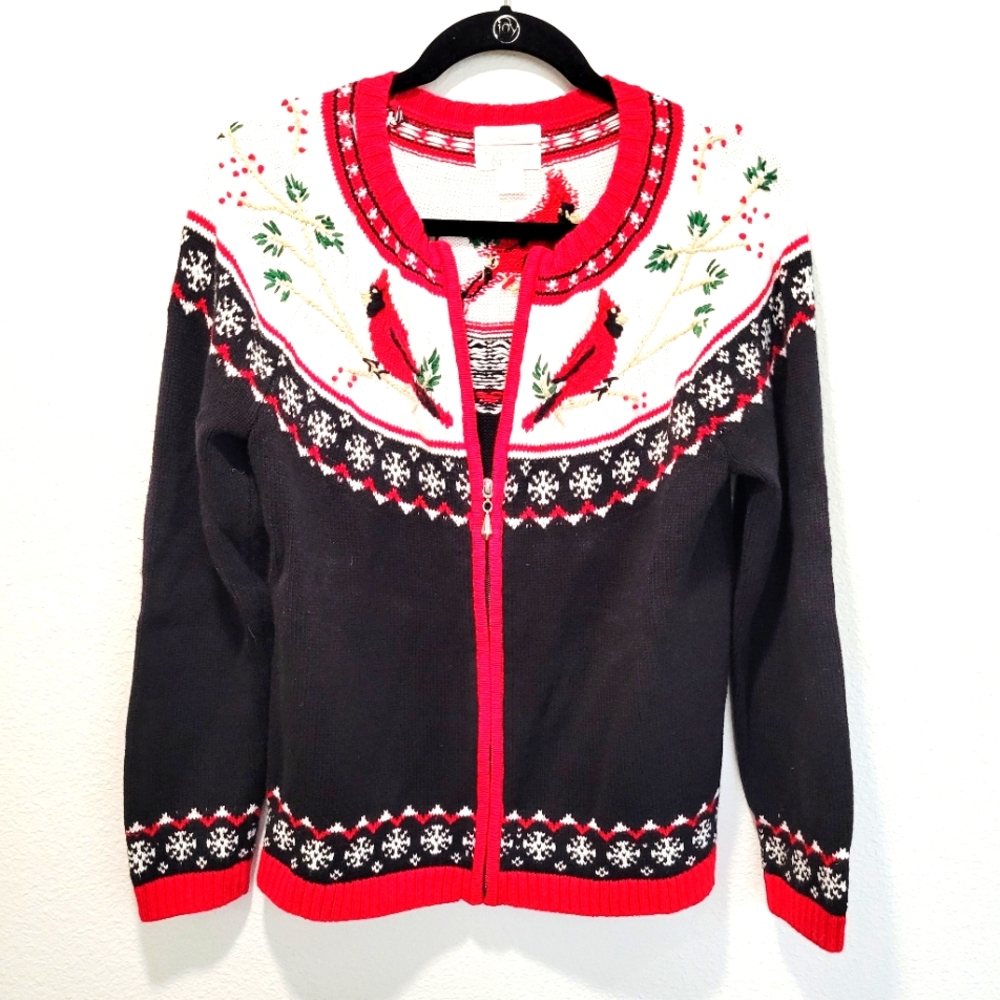 Croft &‎ Barrow Womens Embroidered Cardinal Zip-Up Sweater M Black